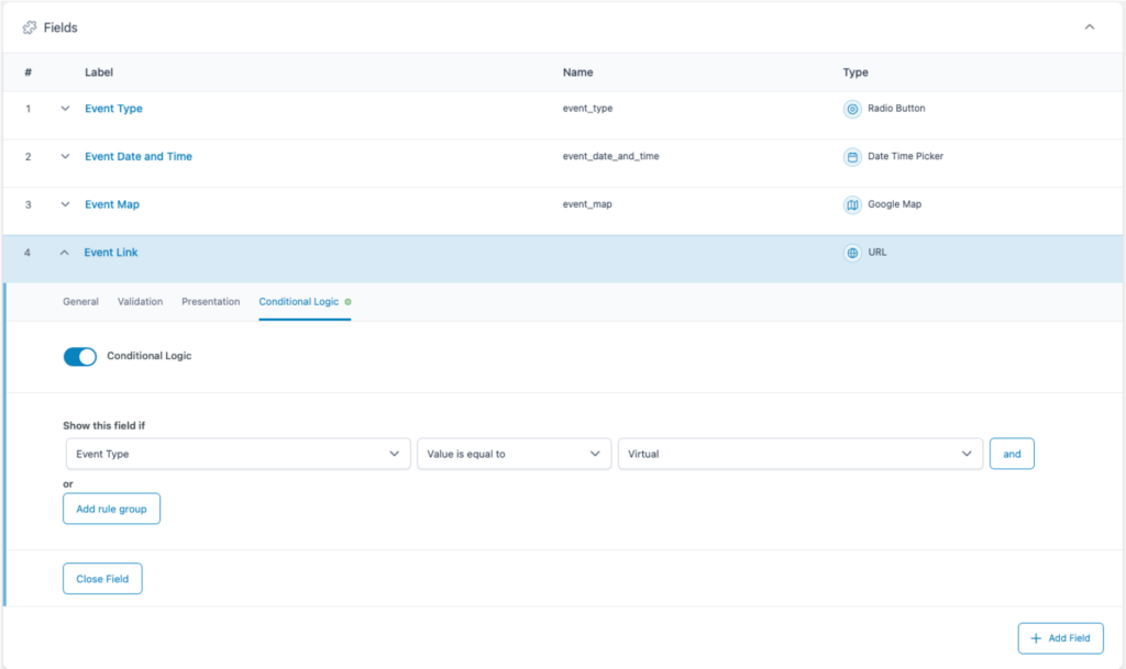 Условная логика для поля «URL» требует только одного правила. В этом случае оно будет отображать поле, когда редактор контента выбирает «Виртуальное» в поле «Переключатель».
