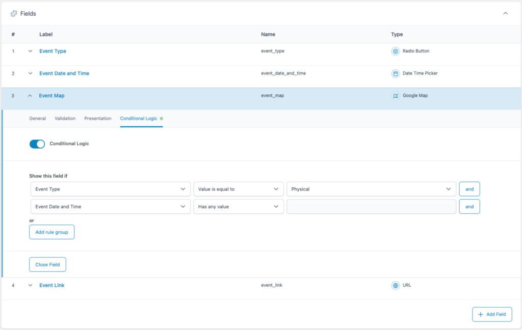 Для поля «Google Карта» установлены два правила условной логики, гарантирующие, что оно будет отображаться редакторам контента только после того, как они введут тип события, а также дату и время.