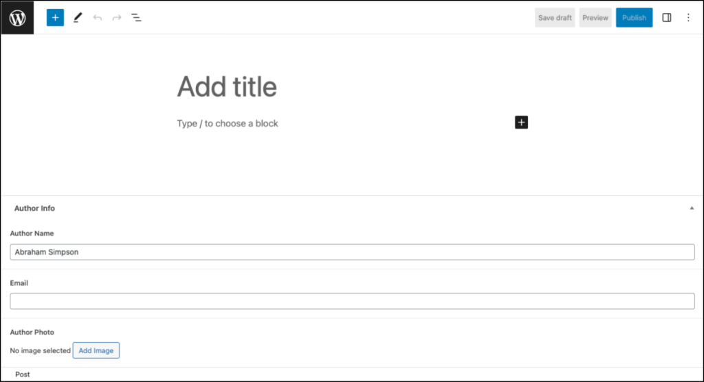 На втором скриншоте введено значение для «Информации об авторе», и поля Email и Изображение теперь видны и готовы к вводу данных.