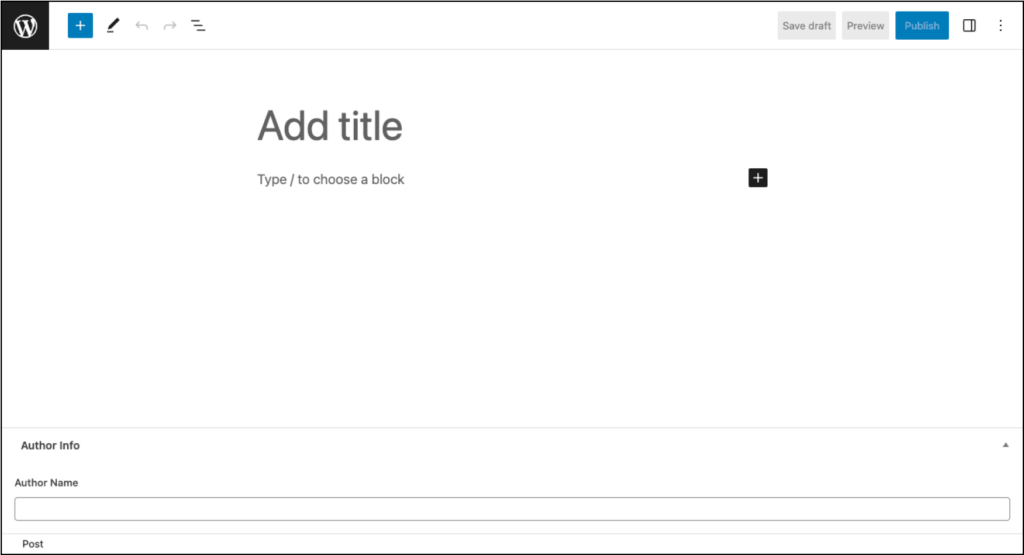Первый из двух скриншотов редактируемой записи в WordPress с отображенной группой полей «Информация об авторе». На этом скриншоте поле «Имя автора» пустое, и другие поля не отображаются.