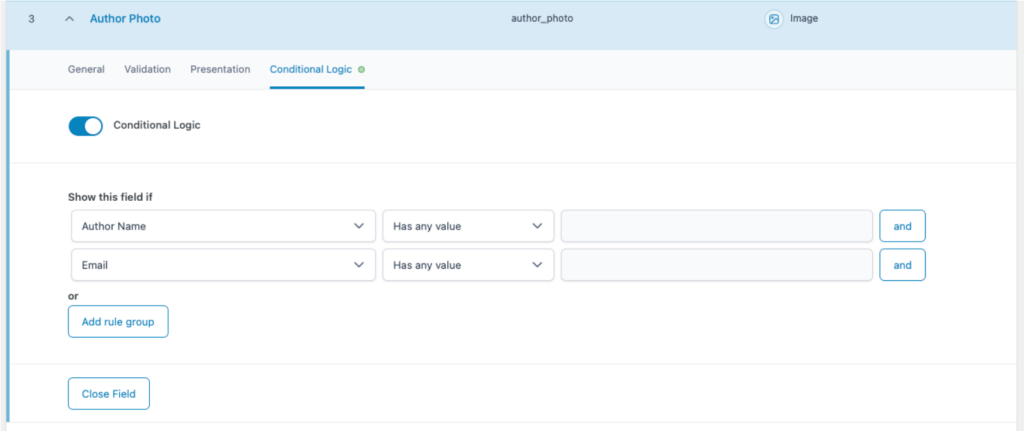 Условная логика в ACF с использованием нескольких правил. В этом случае и поле «Информация об авторе», и поле Email должны содержать значение, чтобы поле «Изображение» отображалось.