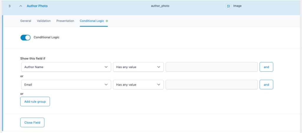 Еще один вид условной логики в ACF с использованием нескольких правил. В этом случае либо поле «Информация об авторе», либо поле Email должно содержать значение, чтобы поле «Изображение» отображалось. Достаточно, чтобы значение было хотя бы в одном из этих полей, и поле «Изображение» будет показано.