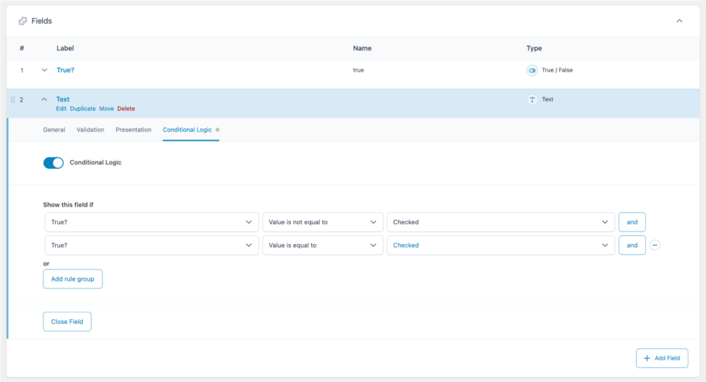 Настройка условной логики с двумя взаимоисключающими правилами. Первое указывает, что условие выполнено, когда флажок «Истина/Ложь» отмечен, а второе указывает, что условие выполнено, когда флажок не отмечен. Поскольку они были созданы как правила «и», условия никогда не могут быть выполнены.